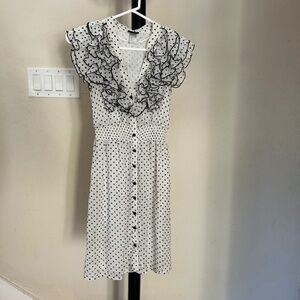 Vintage Inspired Polka Dot Ruffle Neck Button Down Fitted Chiffon Dress